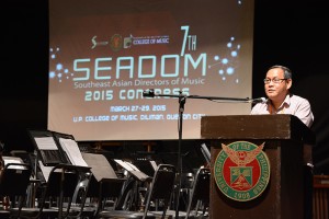 UP College of Music dean Dr. Jose S. Buenconsejo delivering the welcome remarks at the opening ceremony of 7th SEADOM Congress on Mar. 27.