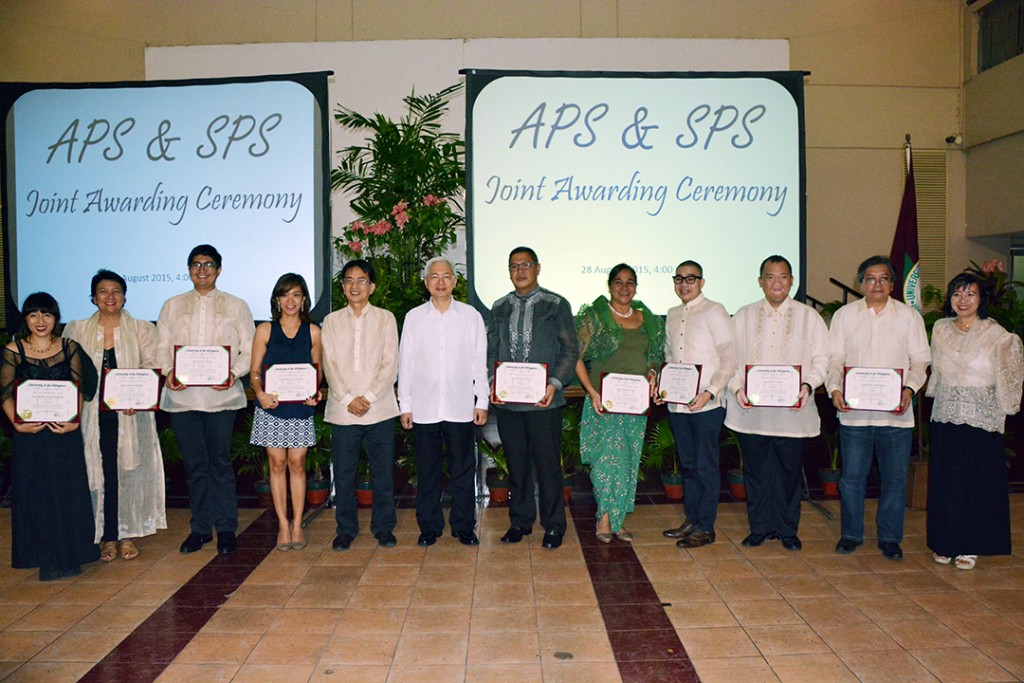 Artist II recipients: (from left) Dalena, Chancellor Alfonso, Tiatco, Guazon, Lico, Ick, Santos, Cañete, Doloricon and Muyco with Chancellor Tan and Pres. Pascual. (Not in photo: Professors Maria Eileen L. Ramirez and Rommel B. Rodriguez)