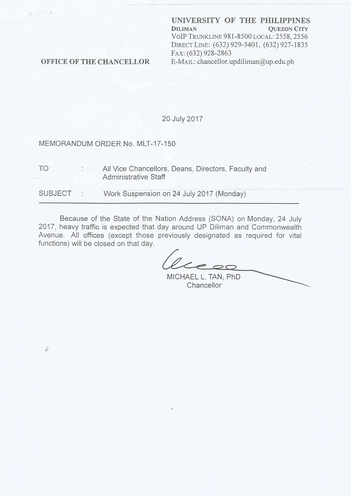 SONA work suspension on 24 July 2017 (Monday) University of the