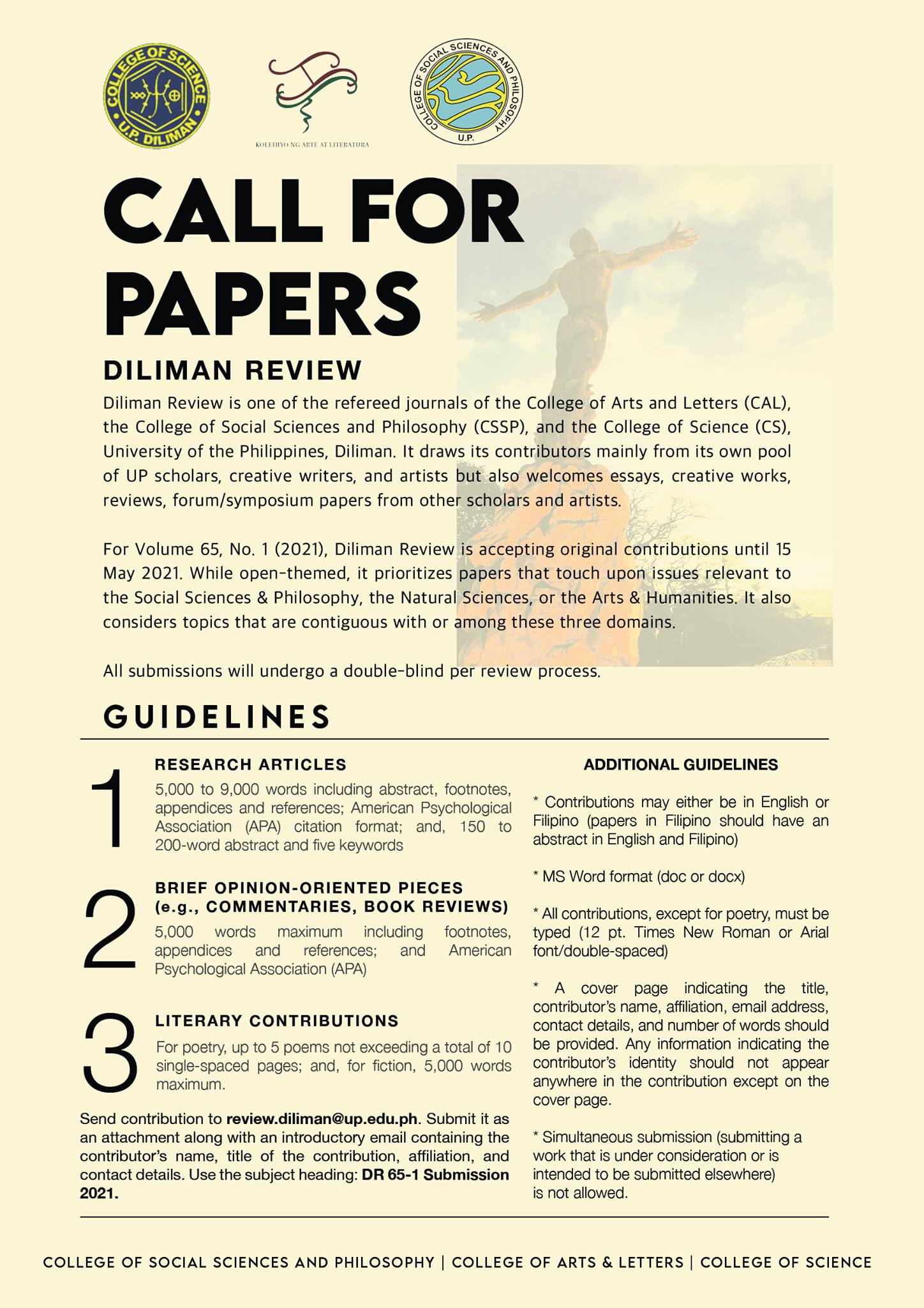 CALL FOR PAPERS Diliman Review Vol. 65, No. 1 (2021)