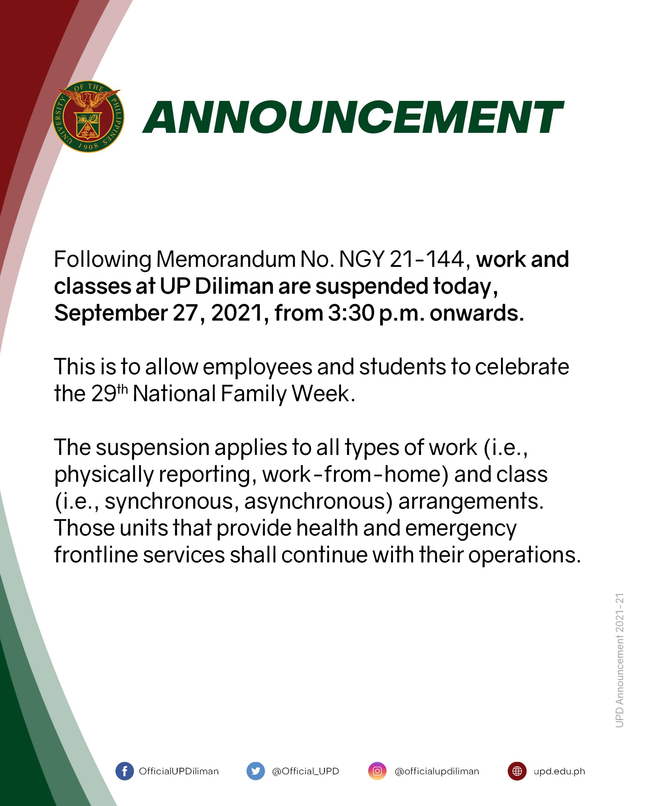 Work and classes are suspended today, September 27, 2021, from 3:30 p.m.  onwards - University of the Philippines Diliman