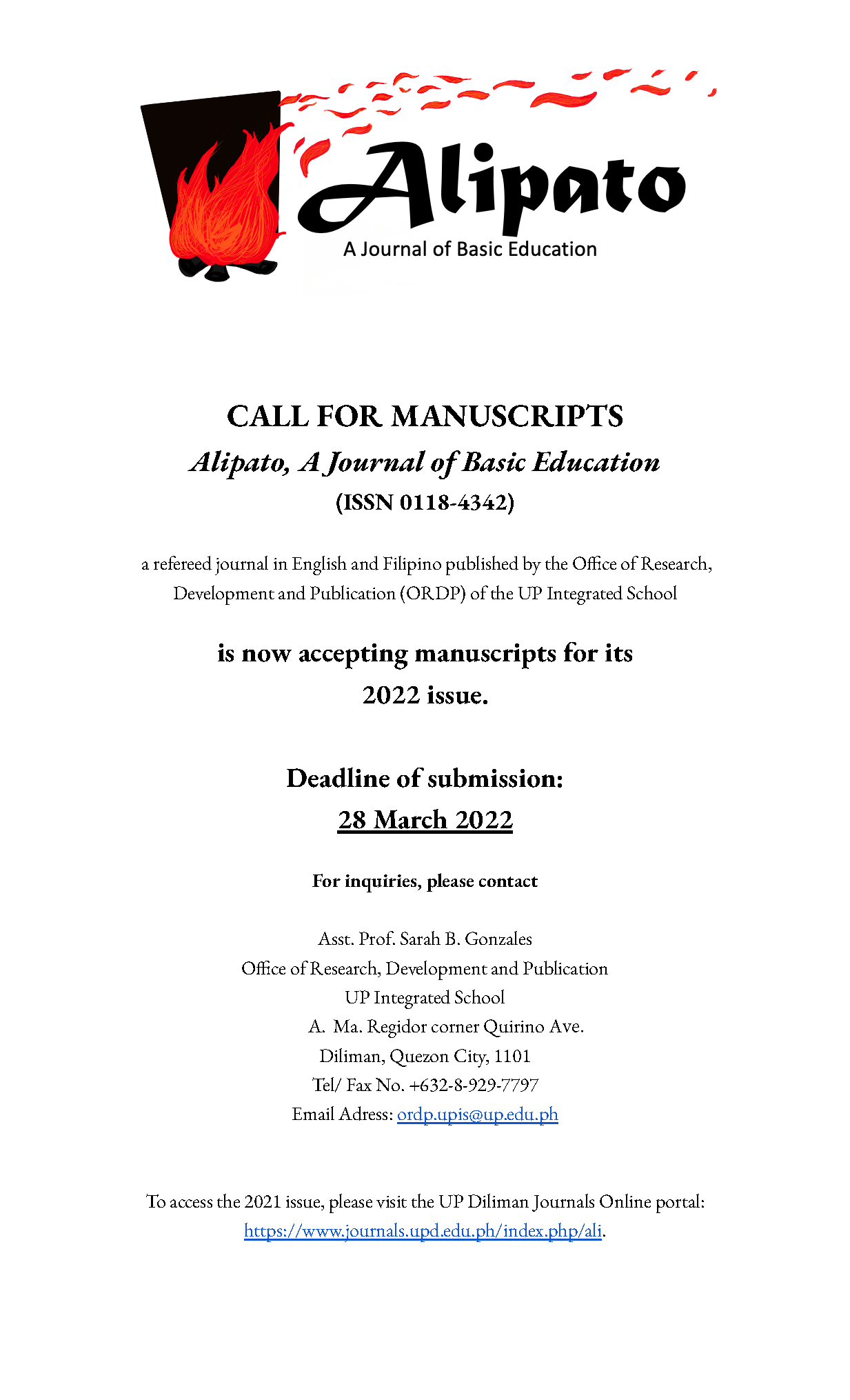 Call for Manuscripts: Alipato: A Journal of Basic Education