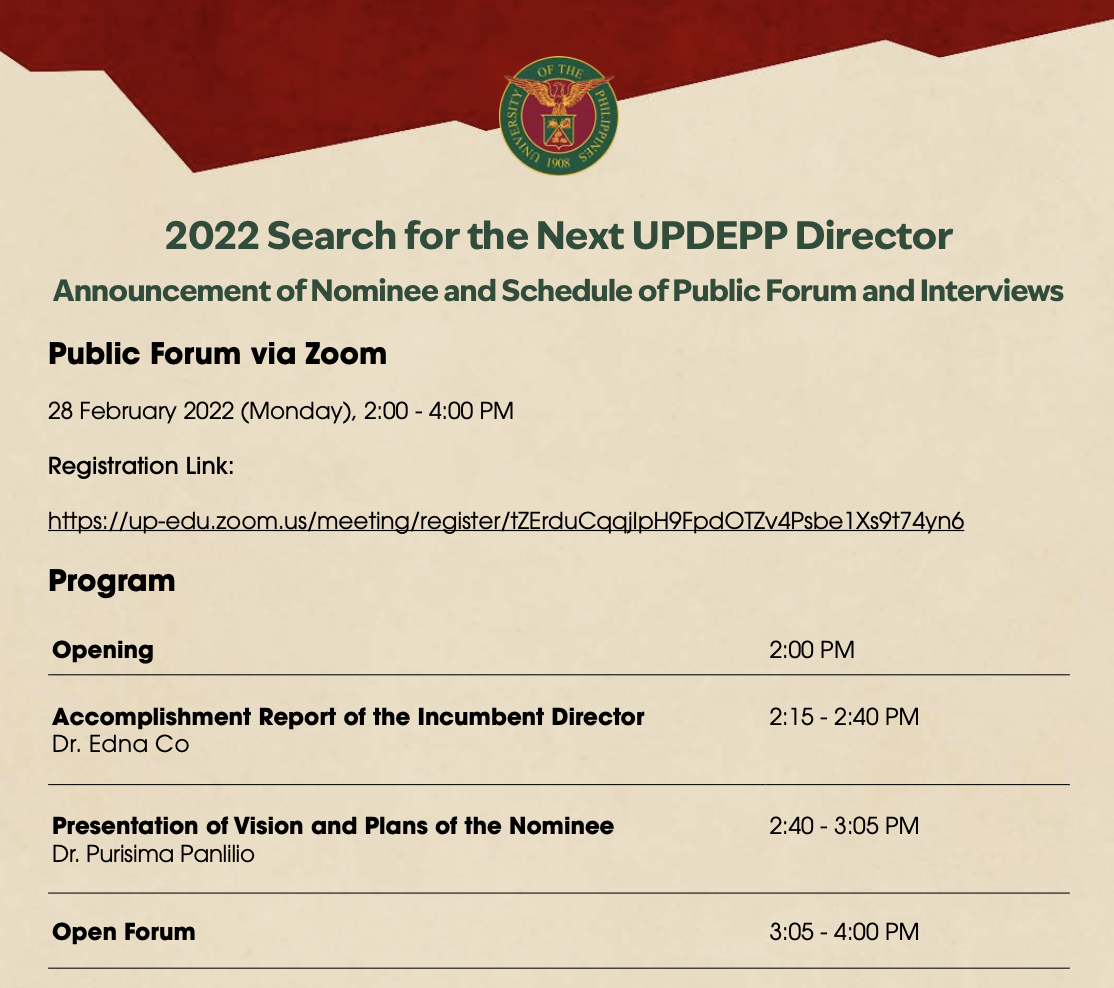 Cmc Academic Calendar 2022 Announcement Of Nominee And Schedule Of The Public Forum And Interview For  The Next Cmc Dean - University Of The Philippines Diliman