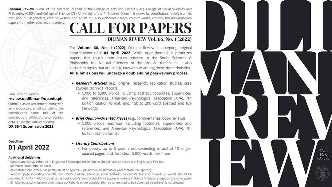 Call for Papers: Diliman Review Vol. 6, No.1 (2022)