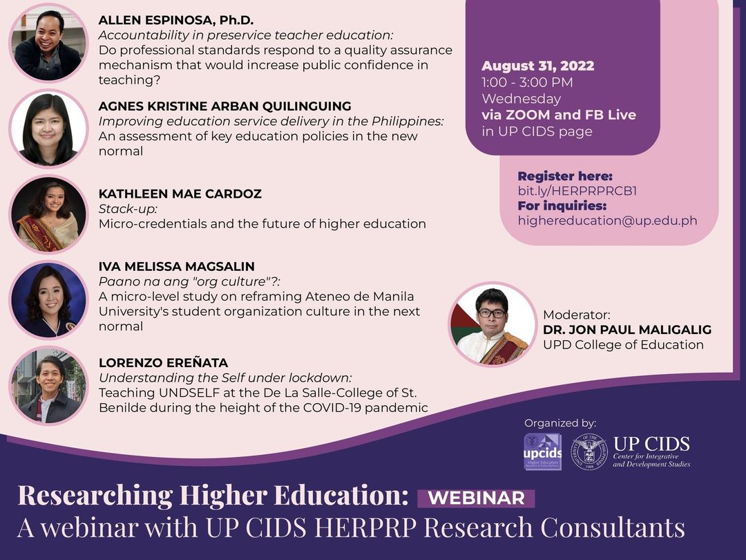 Researching Higher Education: A Webinar with UP CIDS Higher Education Research and Policy Reform Program Research Consultants