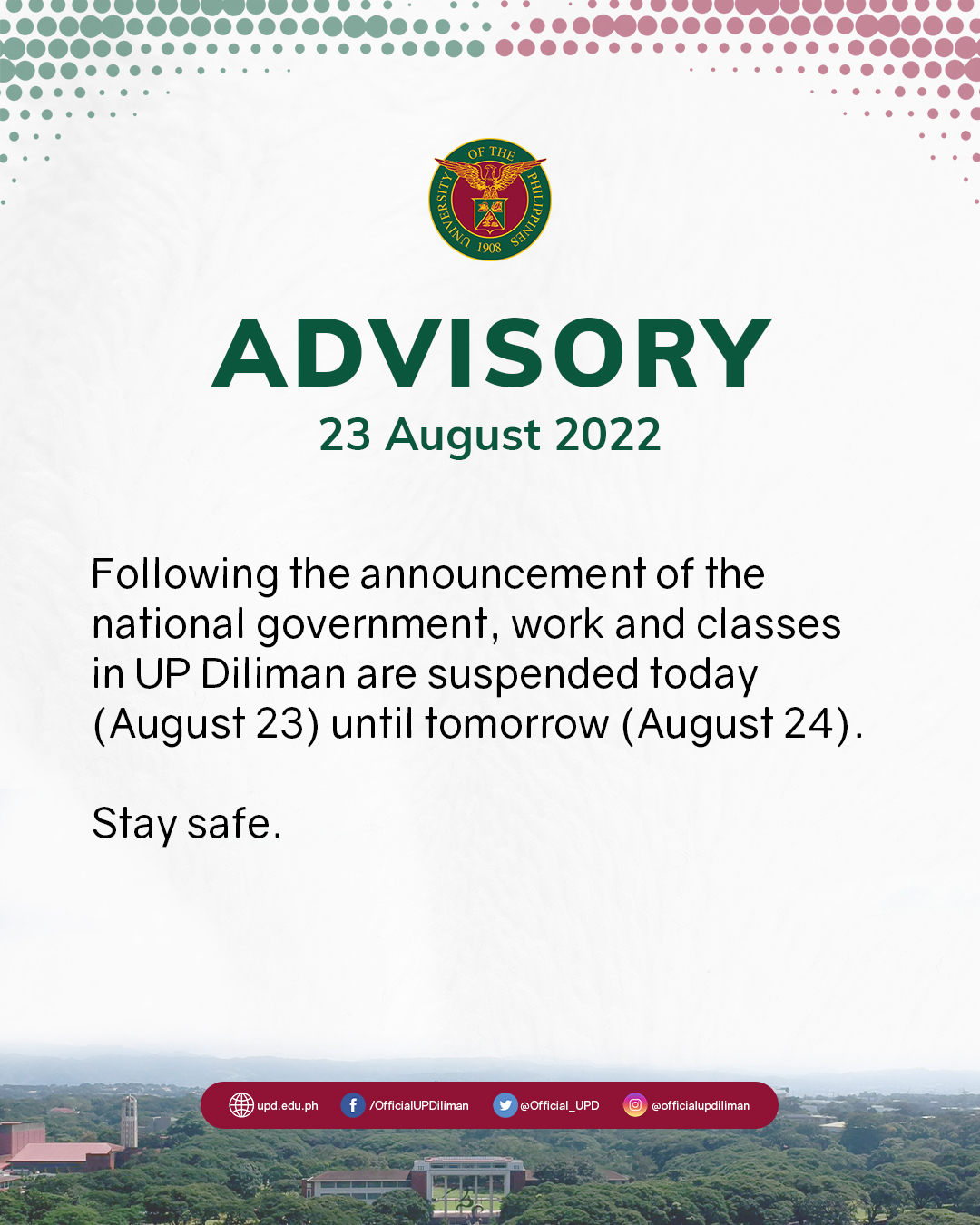 UP Diliman Advisory on Suspension of Work and Classes (23 August 2022) -  University of the Philippines Diliman