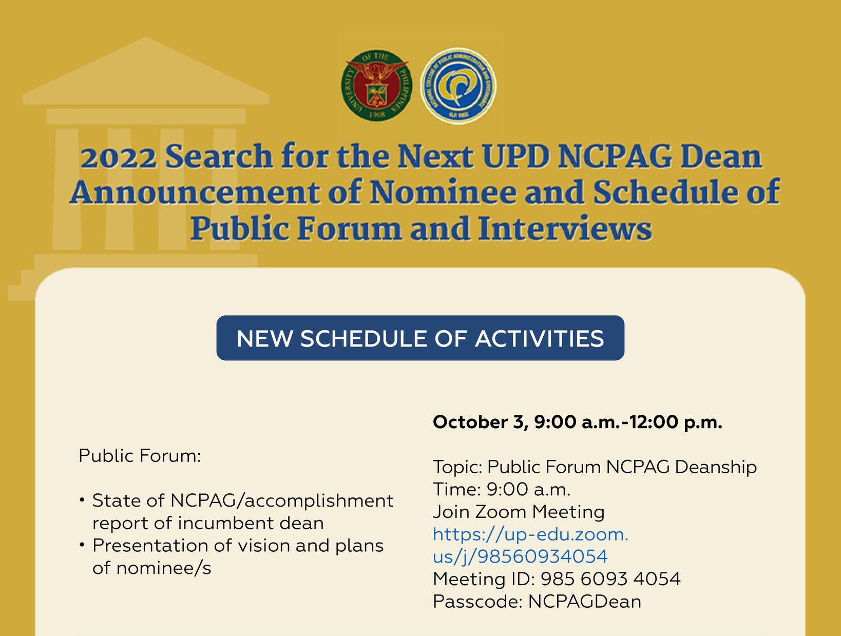 2022 Search for the Next UPD NCPAG Dean: Announcement of Nominee and Schedule of Public Forum and Interviews