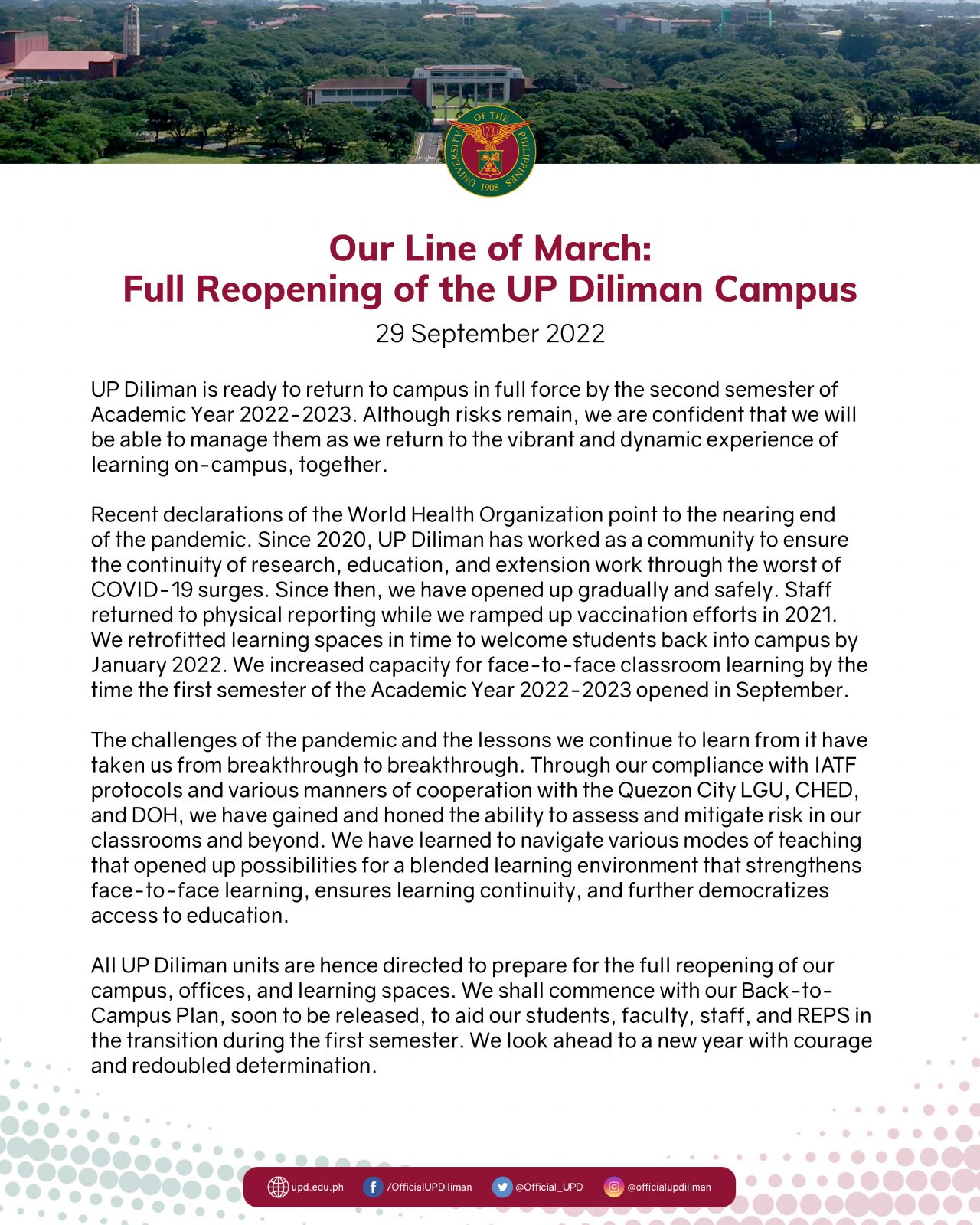 Our Line of March Full Reopening of the UP Diliman Campus  University