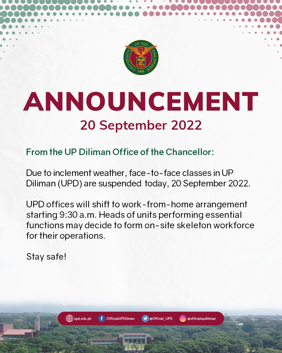 UP Diliman Advisory on Suspension of Work and Classes (20 September