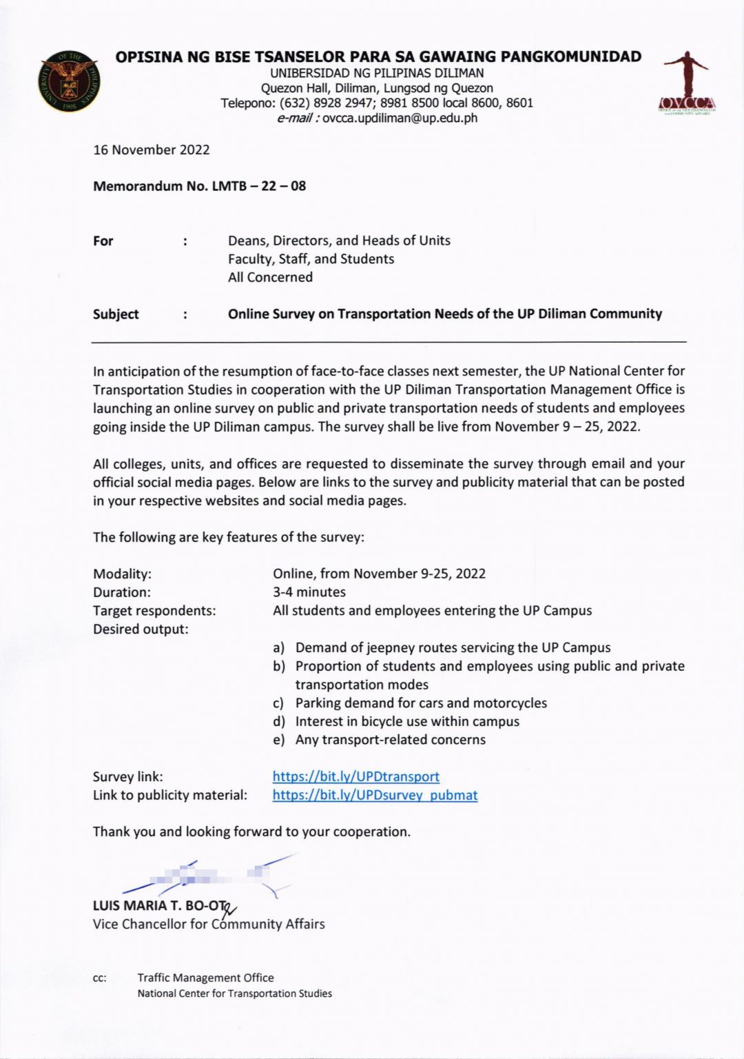 Memorandum No Lmtb 22 08 Online Survey On Transportation Needs Of The Up Diliman Community