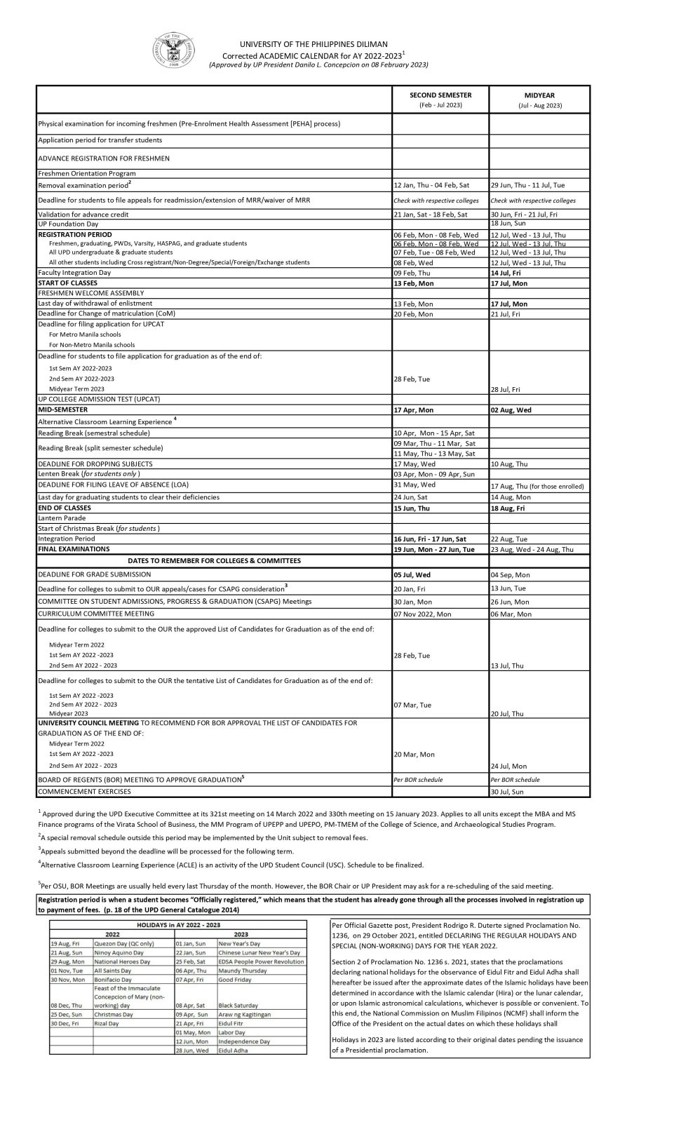 Academic Calendar University of the Philippines Diliman