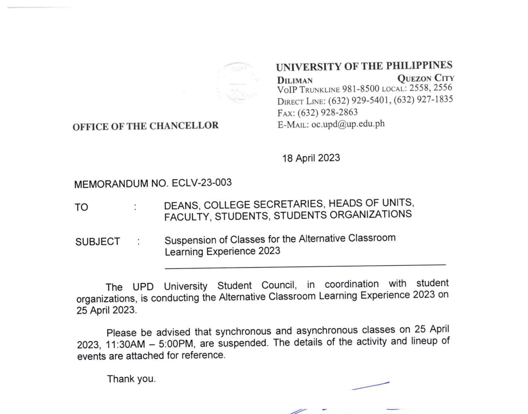 UP Diliman Advisory on Suspension of Work and Classes (23 August
