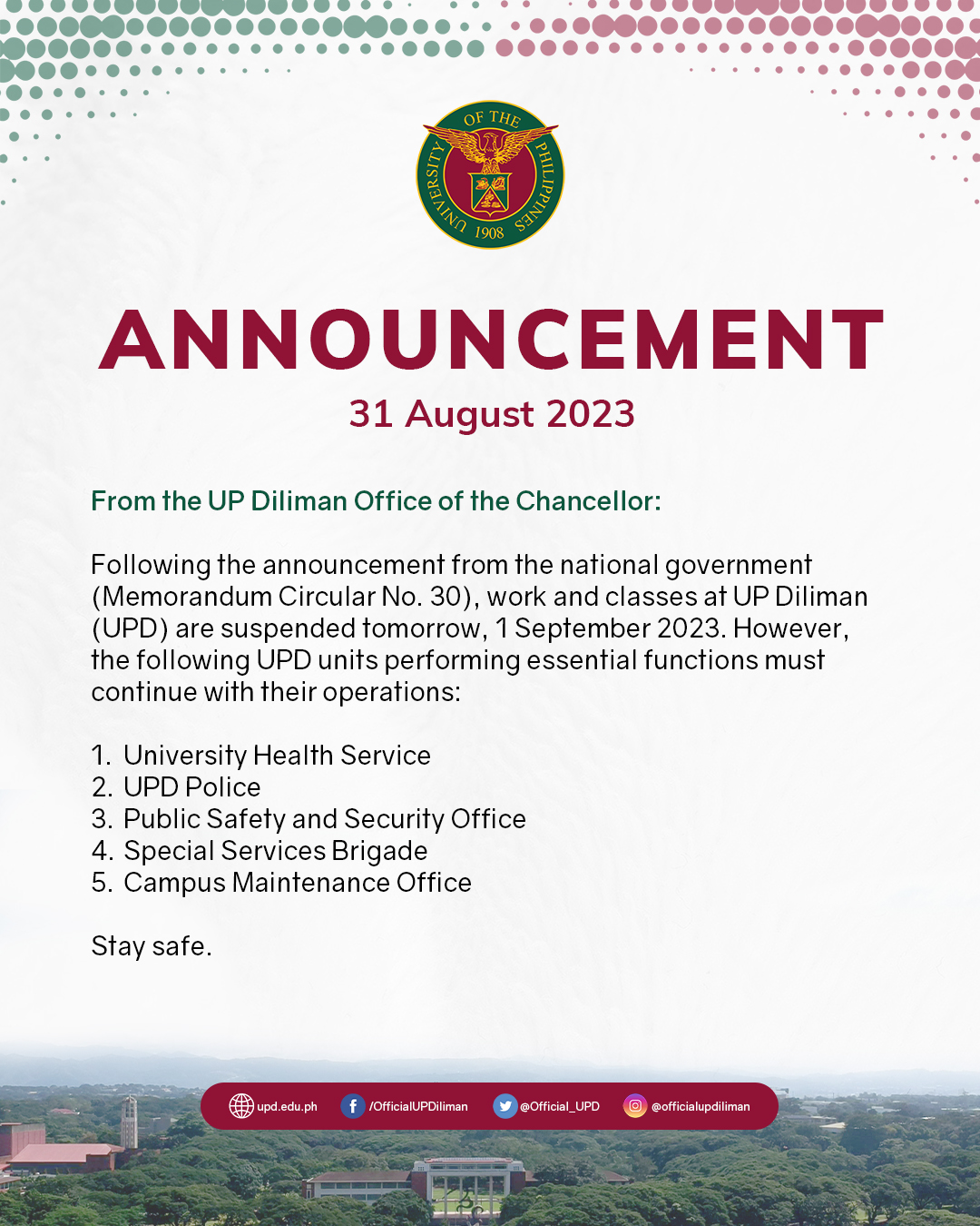 ADVISORY: Suspension of Classes in UP Cebu - University of the Philippines  Cebu